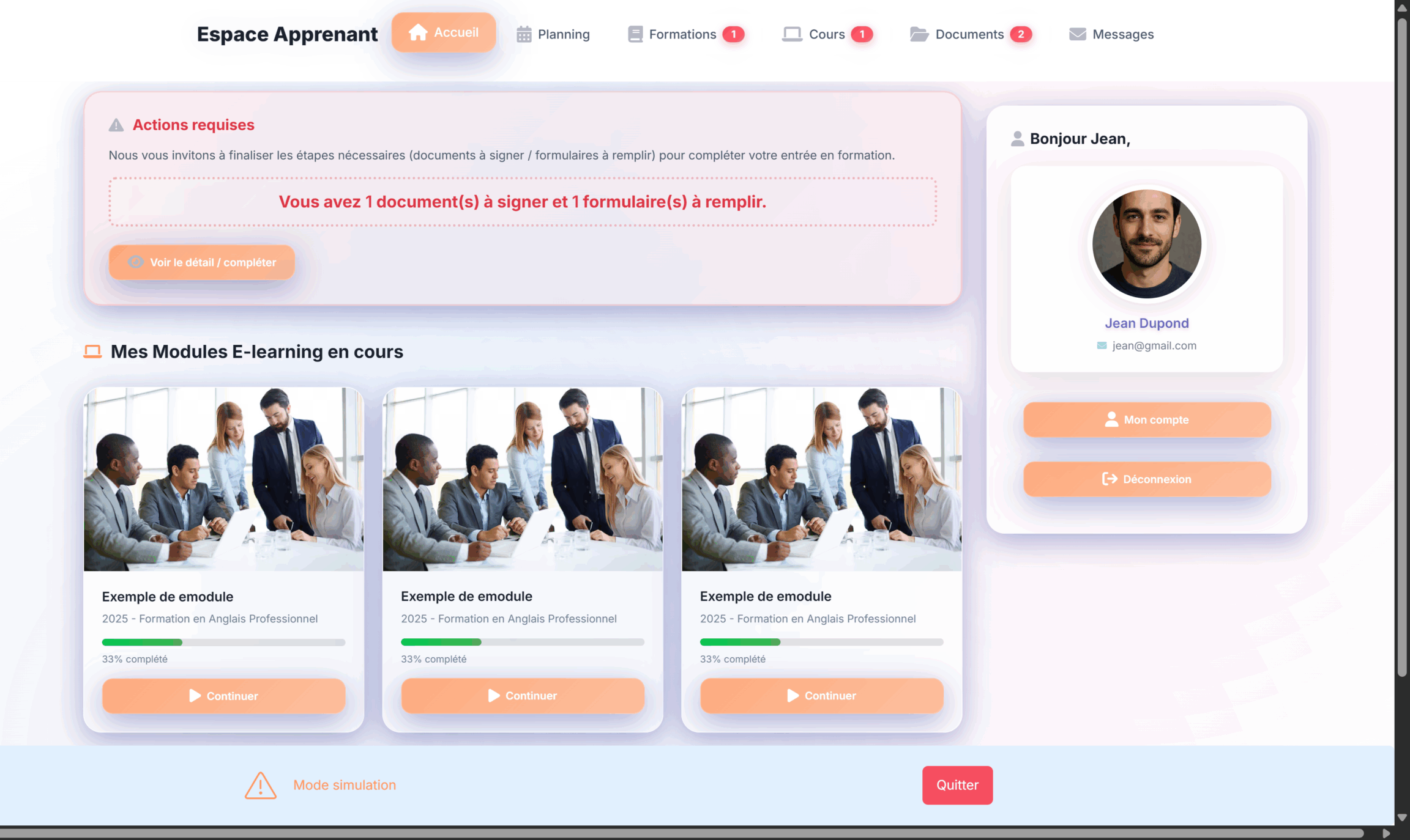 Espace Apprenant - Vue 1