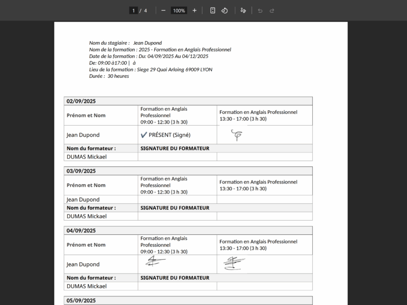 Document émargement individuel, collectif, par groupe